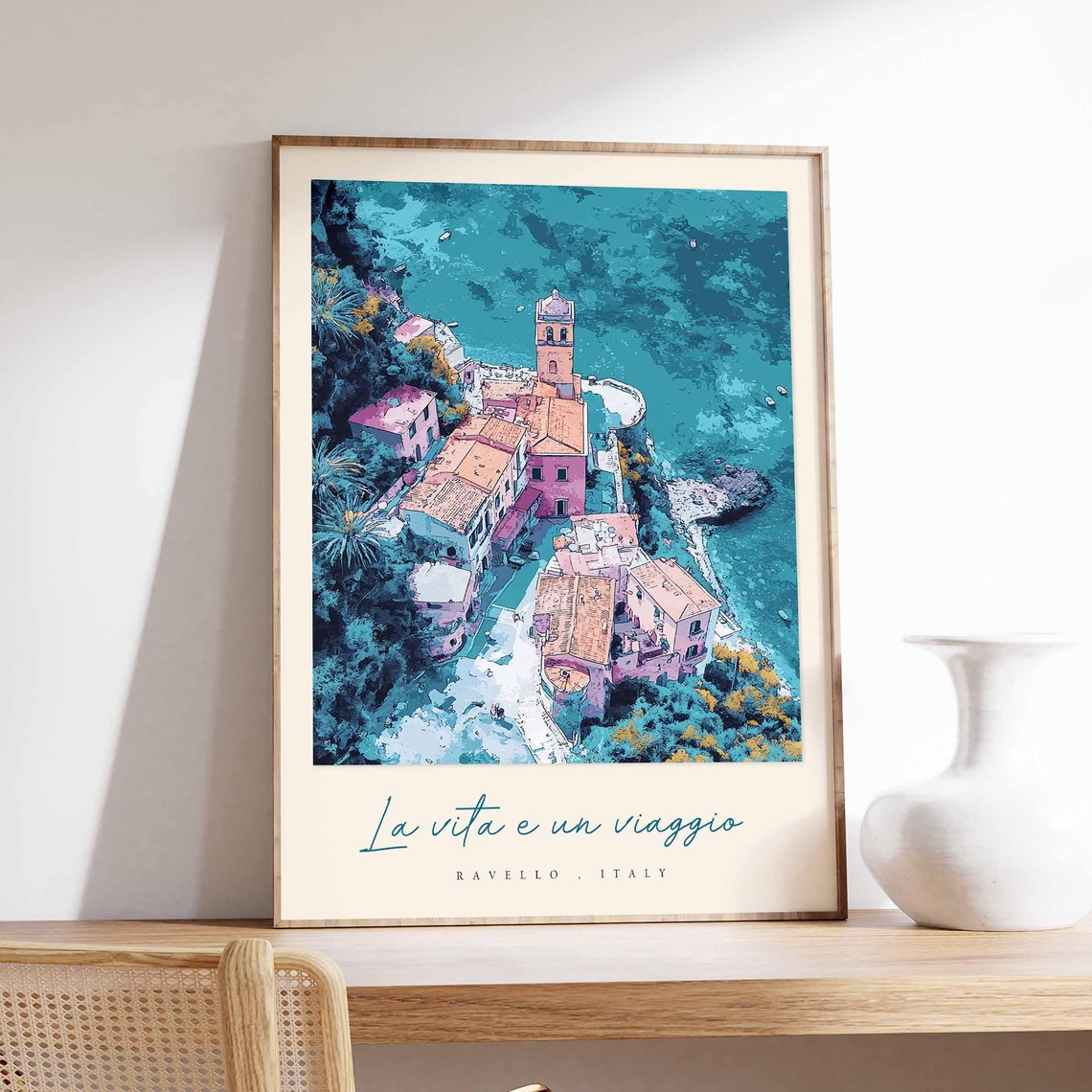 Ravello Italy Aerial Rocky Shore Village Teal Water Art Poster