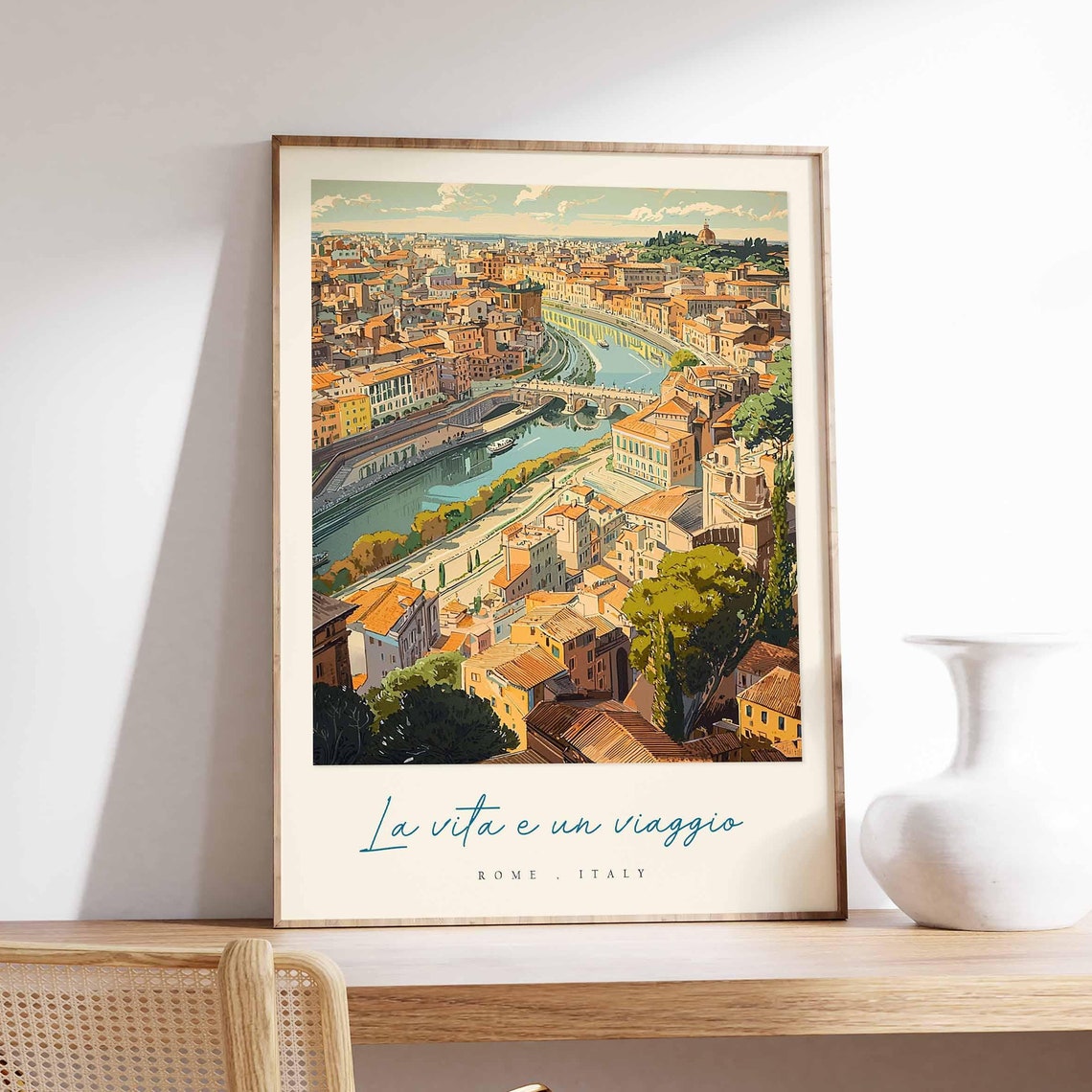 Rome Italy Aerial Tiber Bend Panorama Watercolor Travel Poster