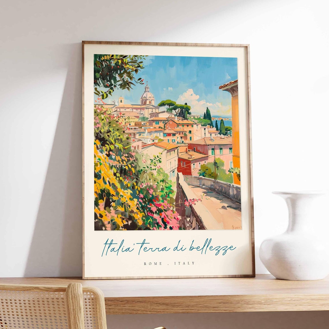 Rome Italy Hillside Flowers Watercolor Dome View Travel Poster