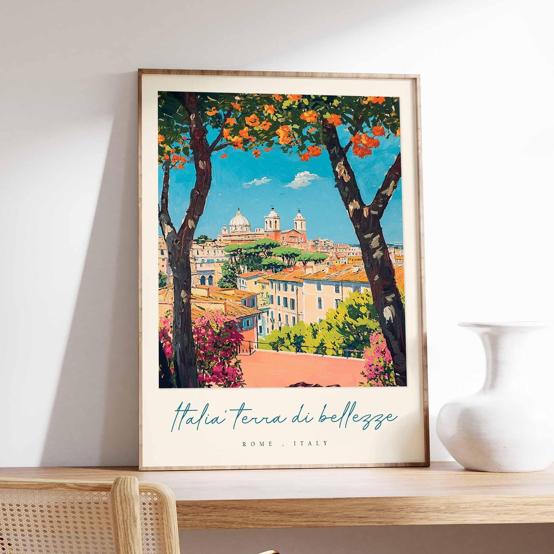 Rome Italy Flowering Trees Rooftops View Watercolor Travel Poster