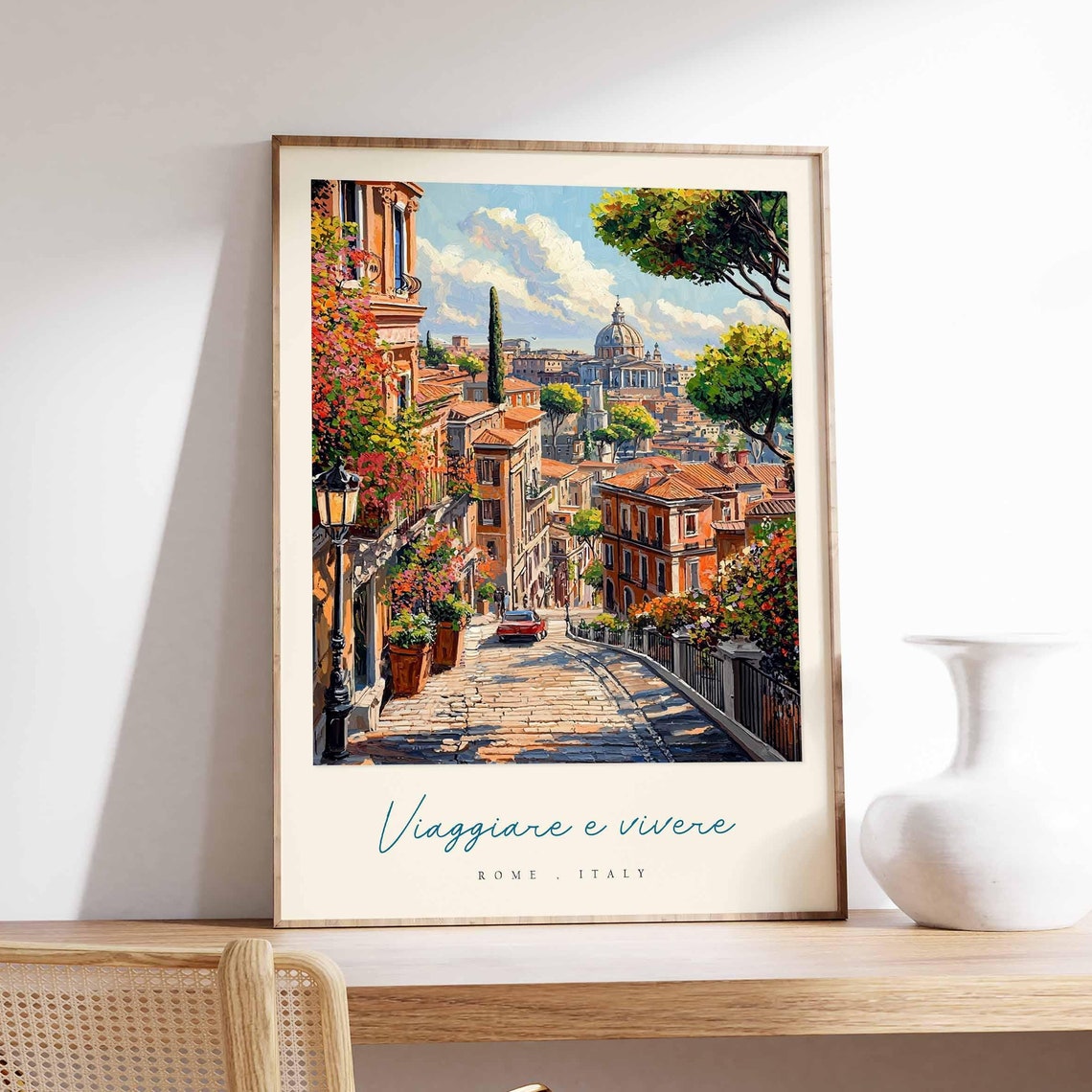 Rome Italy Cobblestone Lane Watercolor Rooftops Travel Quote Poster