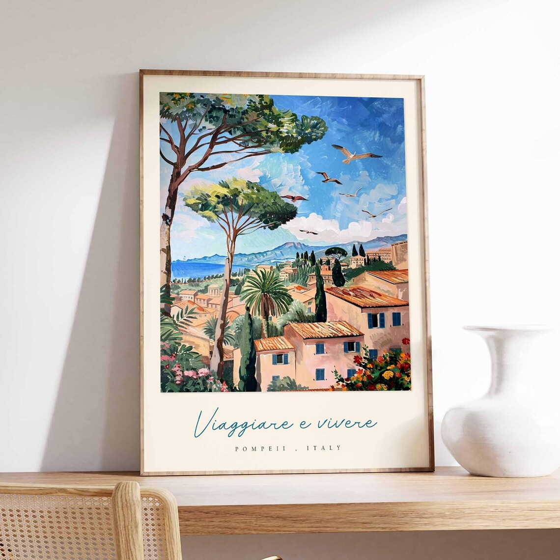Pompeii Italy Umbrella Pine Town Sea View Painting Travel Art Poster