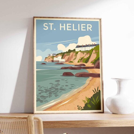 St Helier Beach Retro Travel Poster With Red Rocks Clifftop View