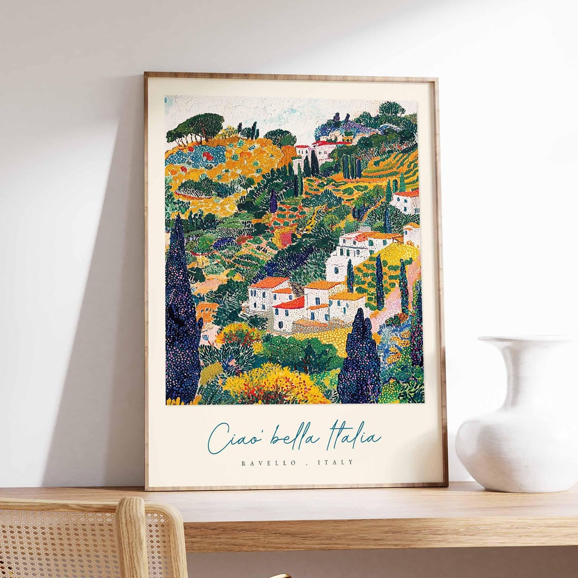 Ravello Italy Pointillist Hillside White Village Cypress Art Poster