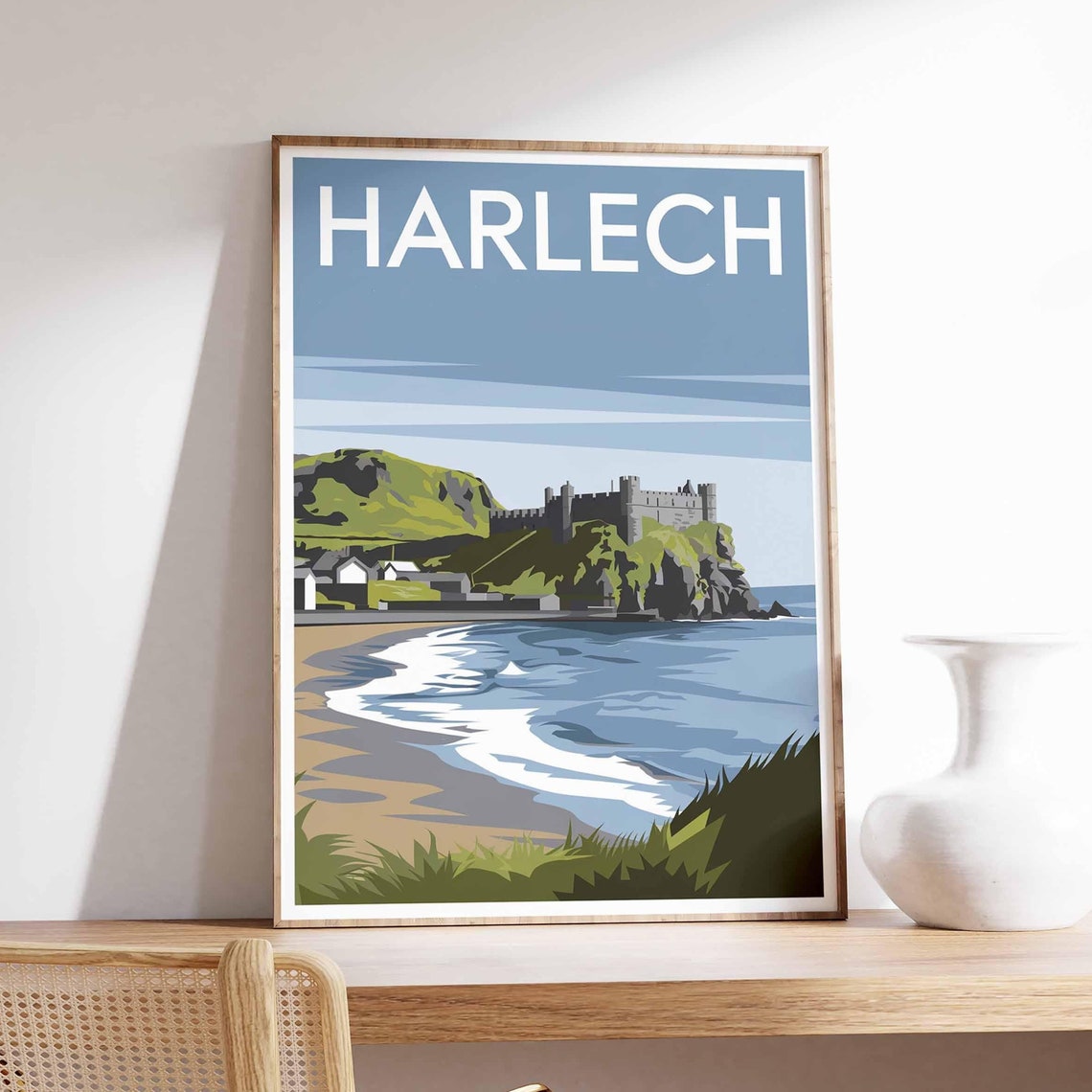 Harlech Wales Castle Cliffs Beach Seaside Retro Travel Poster