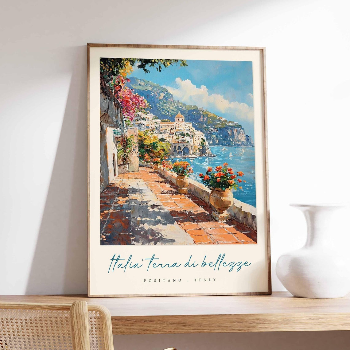 Positano Italy Terracotta Terrace Flower Pots Town View Travel Poster
