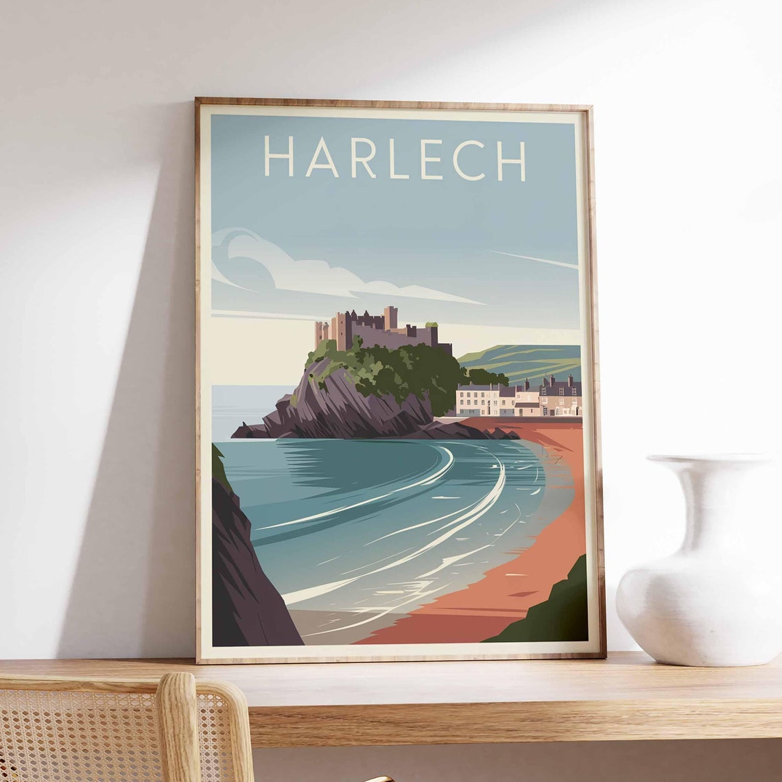 Harlech Castle Headland Curved Beach Wales Vintage Travel Poster