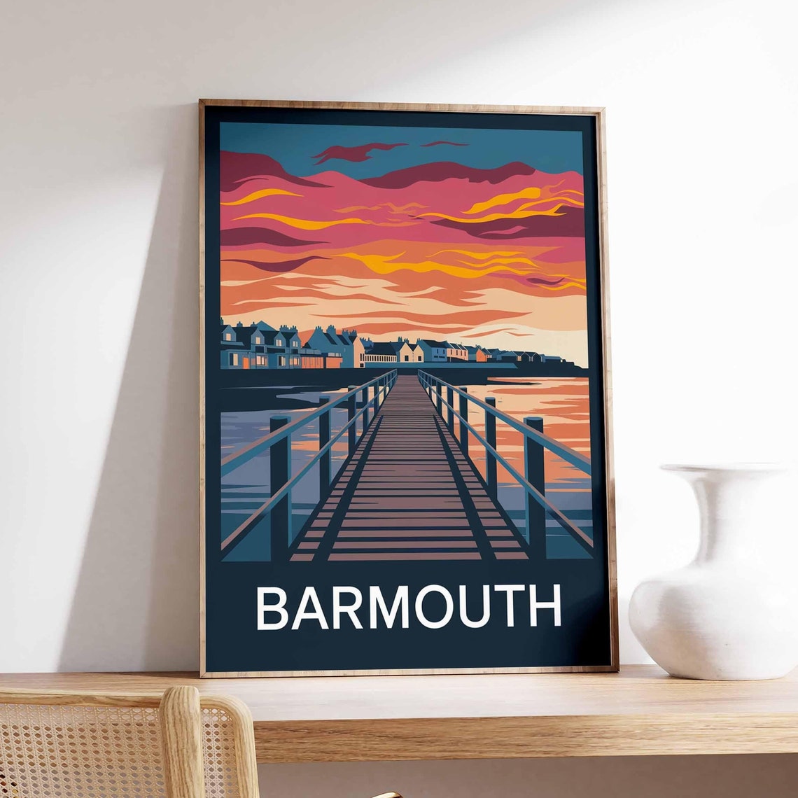 Barmouth Wales Sunset Pier Harbor Retro Seaside Travel Poster