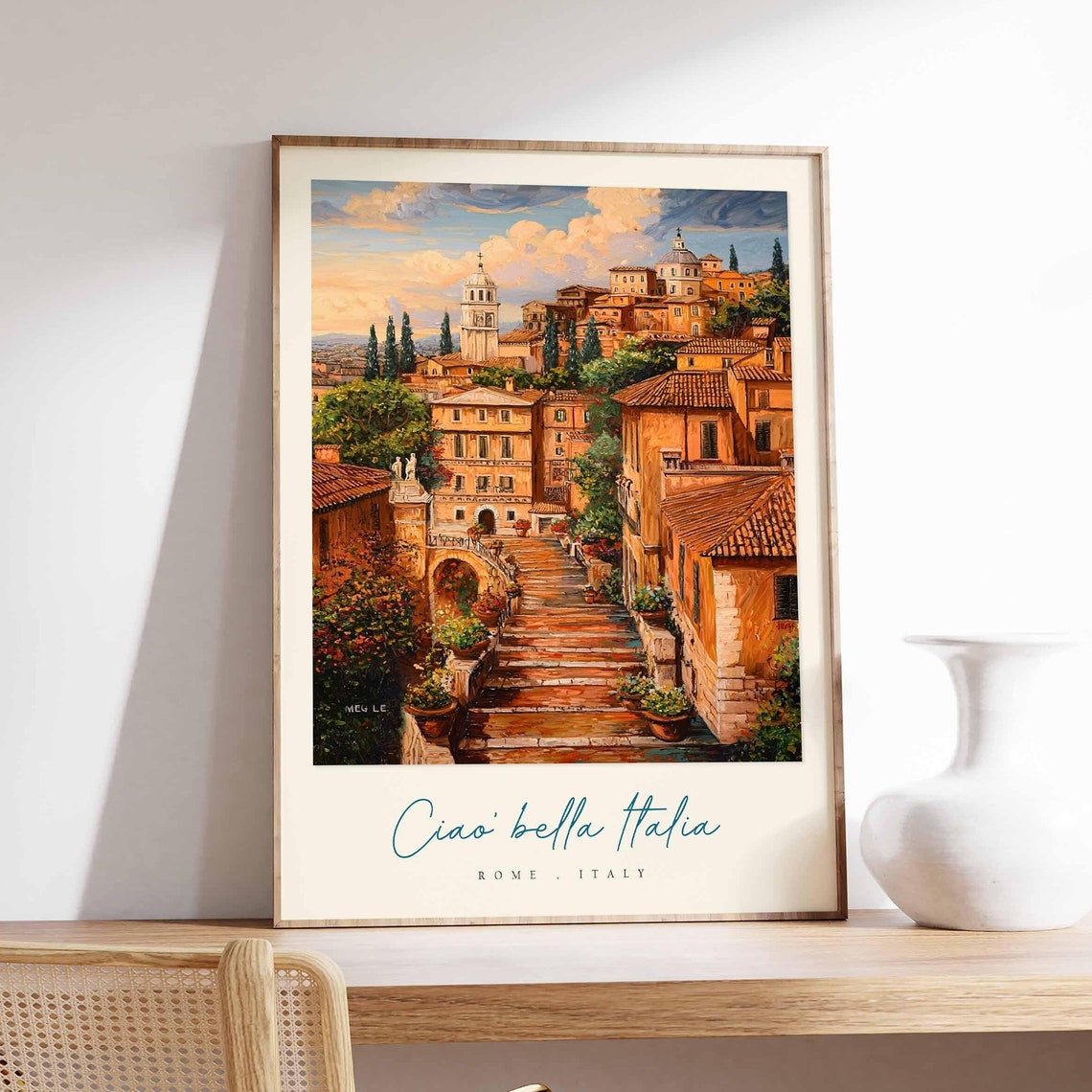 Rome Italy Sunset Steps Bell Tower Old Town Watercolor Poster