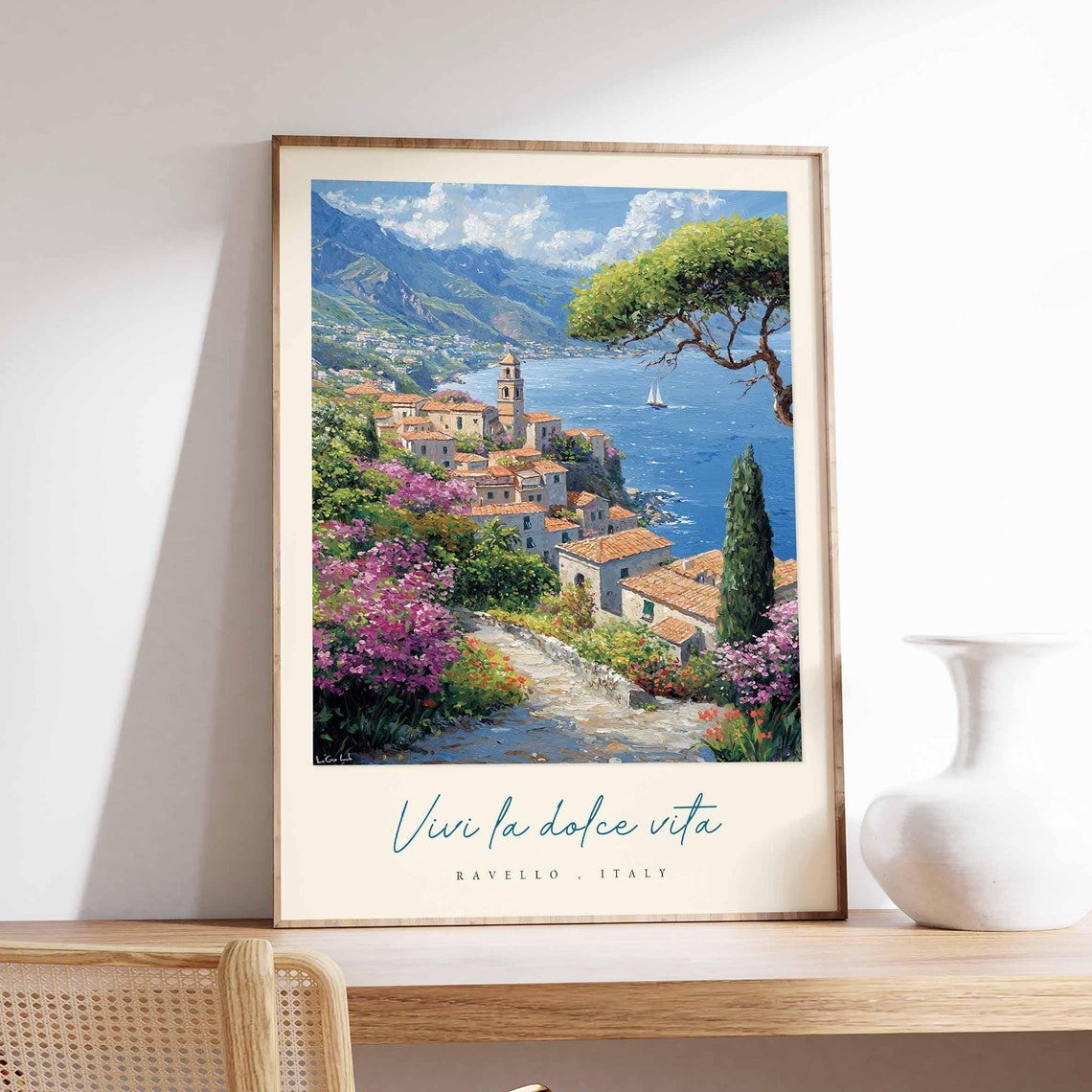 Ravello Italy Bell Tower Village Pine Tree Sailboat Bay Poster