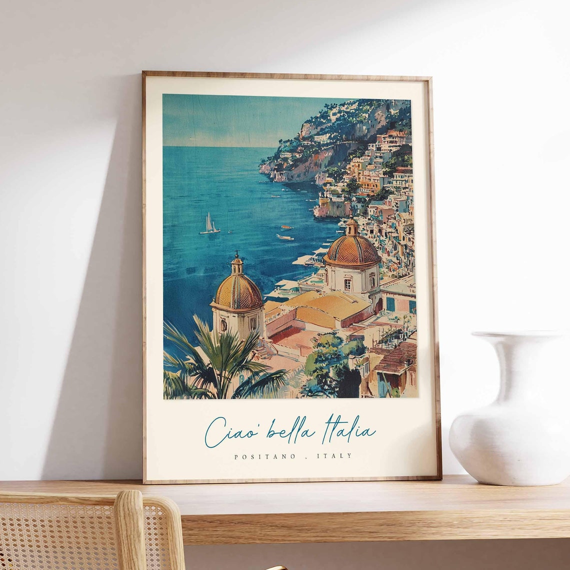 Positano Italy Domed Churches Sea Sailboats Coastline View Art Poster