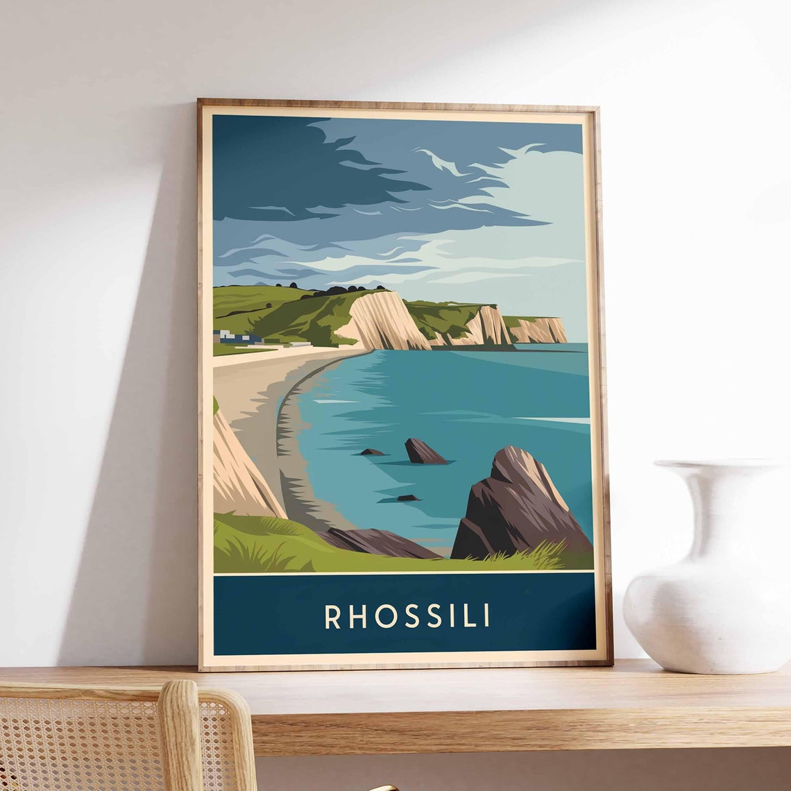 Rhossili Coastal Cliffs Sandy Beach Retro Travel Style Poster