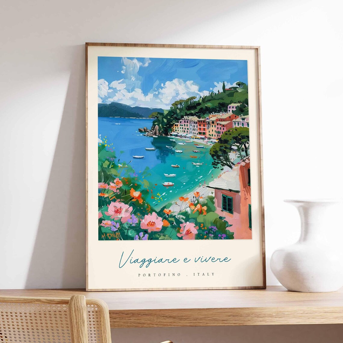 Portofino Italy Floral Bay Scene Viaggiare E Vivere Travel Poster