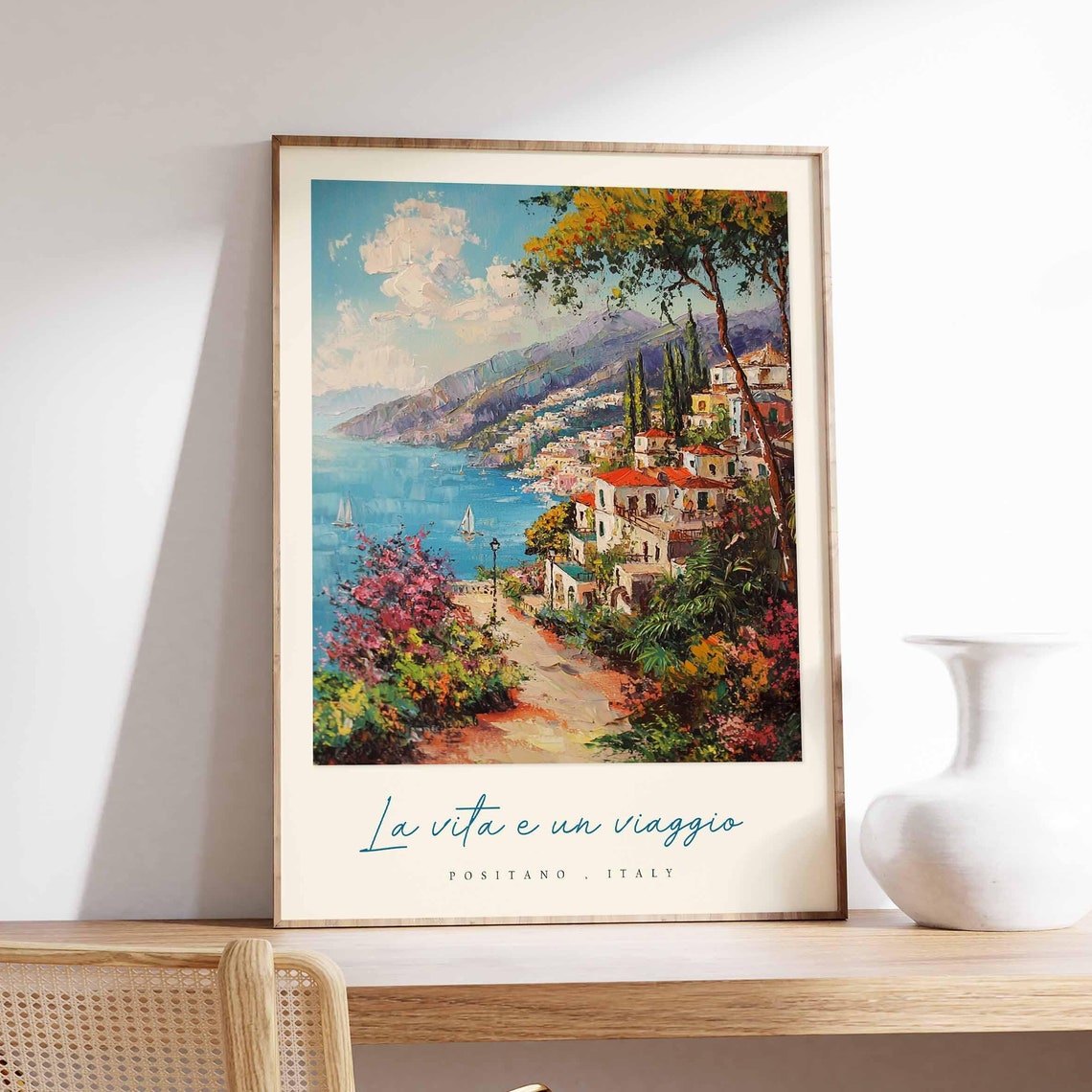 Positano Italy Flower Lined Path Hillside Town Bay View Travel Poster