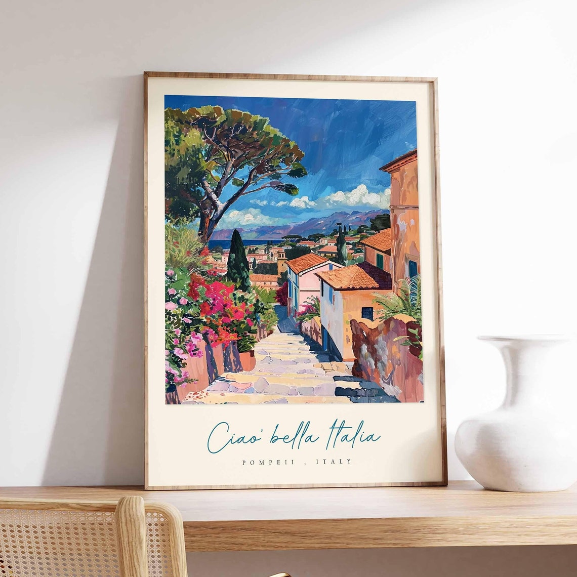 Pompeii Italy Flower Lined Stone Steps Village Painting Travel Poster