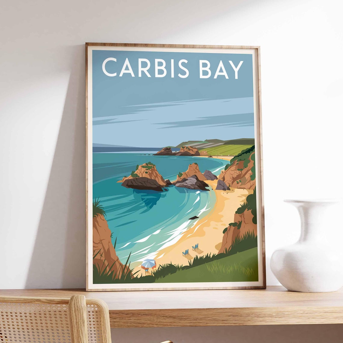 Carbis Bay Cornwall Illustrated Cove Golden Sand Retro Travel Poster