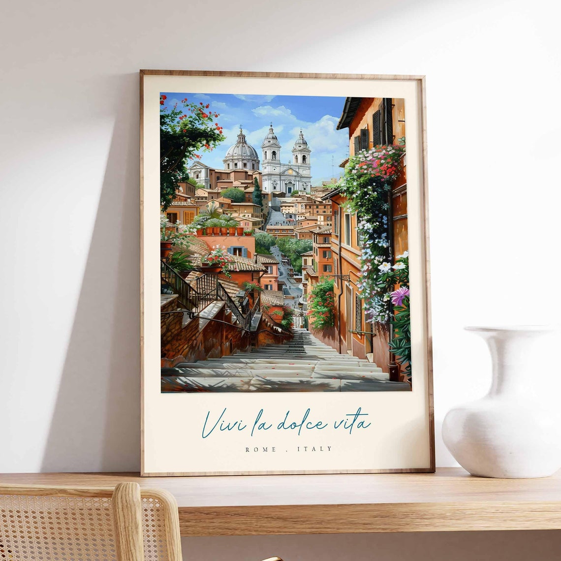 Rome Italy Stone Steps Church Watercolor Flowered Street Poster