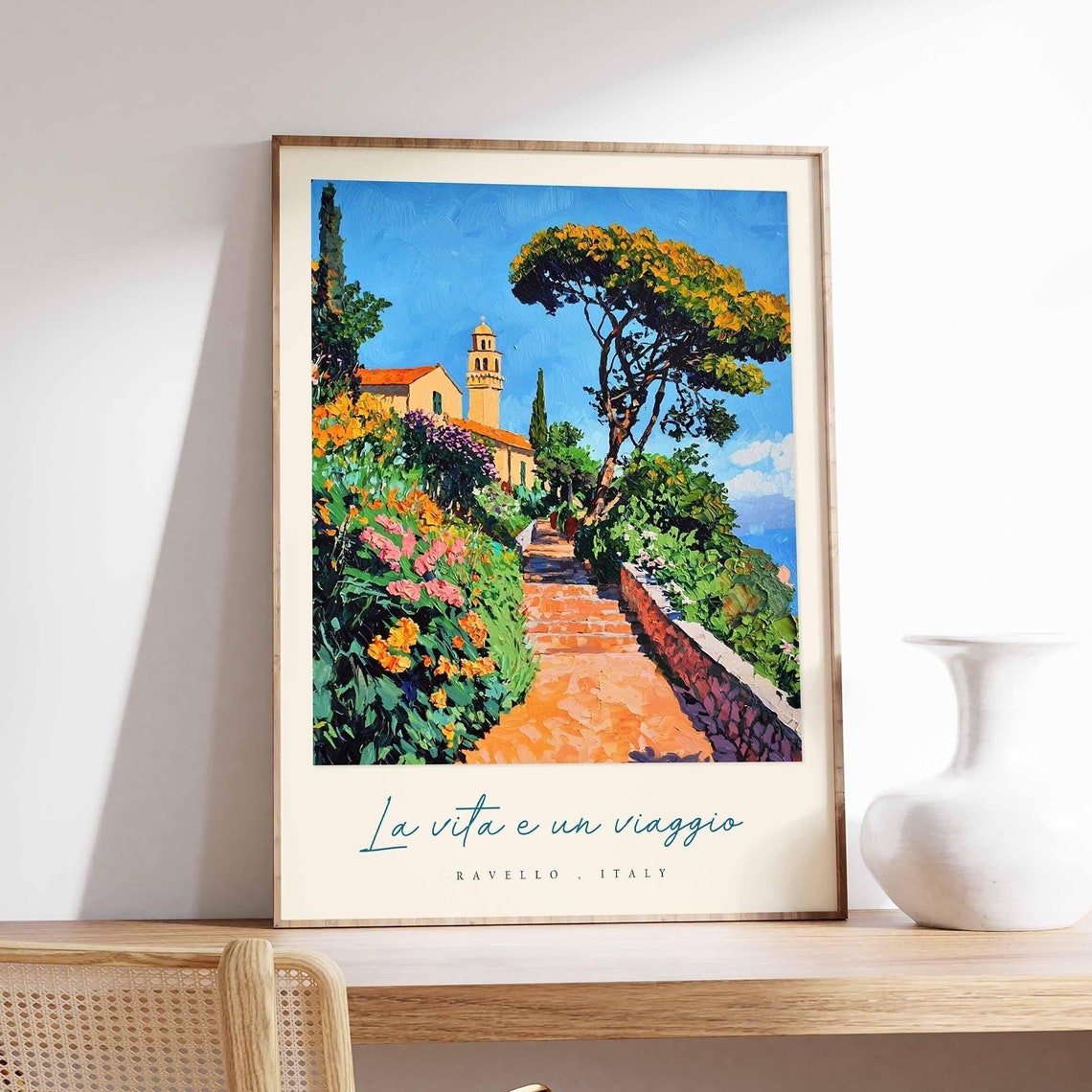 Ravello Italy Lush Garden Stone Path Church Bold Brushstroke Poster