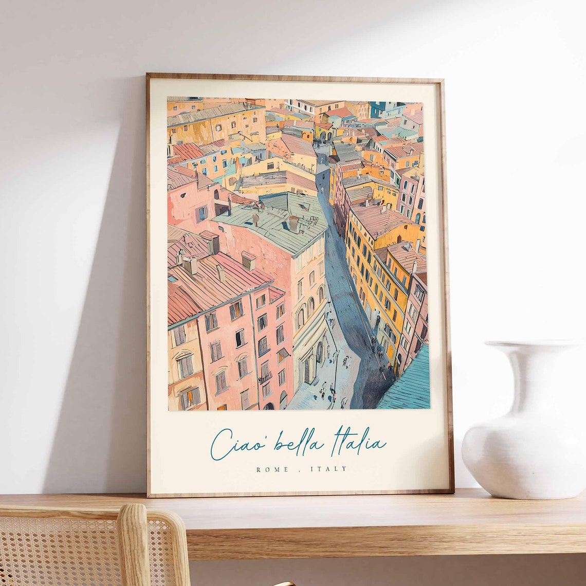 Rome Italy Aerial Rooftops Street Watercolor Travel Quote Poster