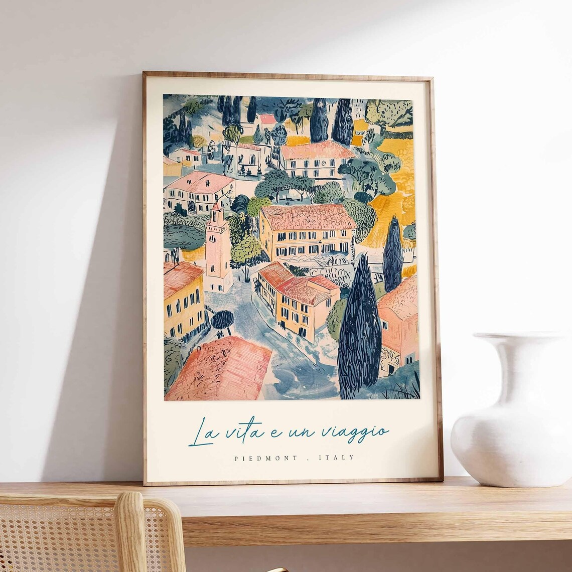 Piedmont Italy Village Rooftops Sketch Style Painting Travel Poster