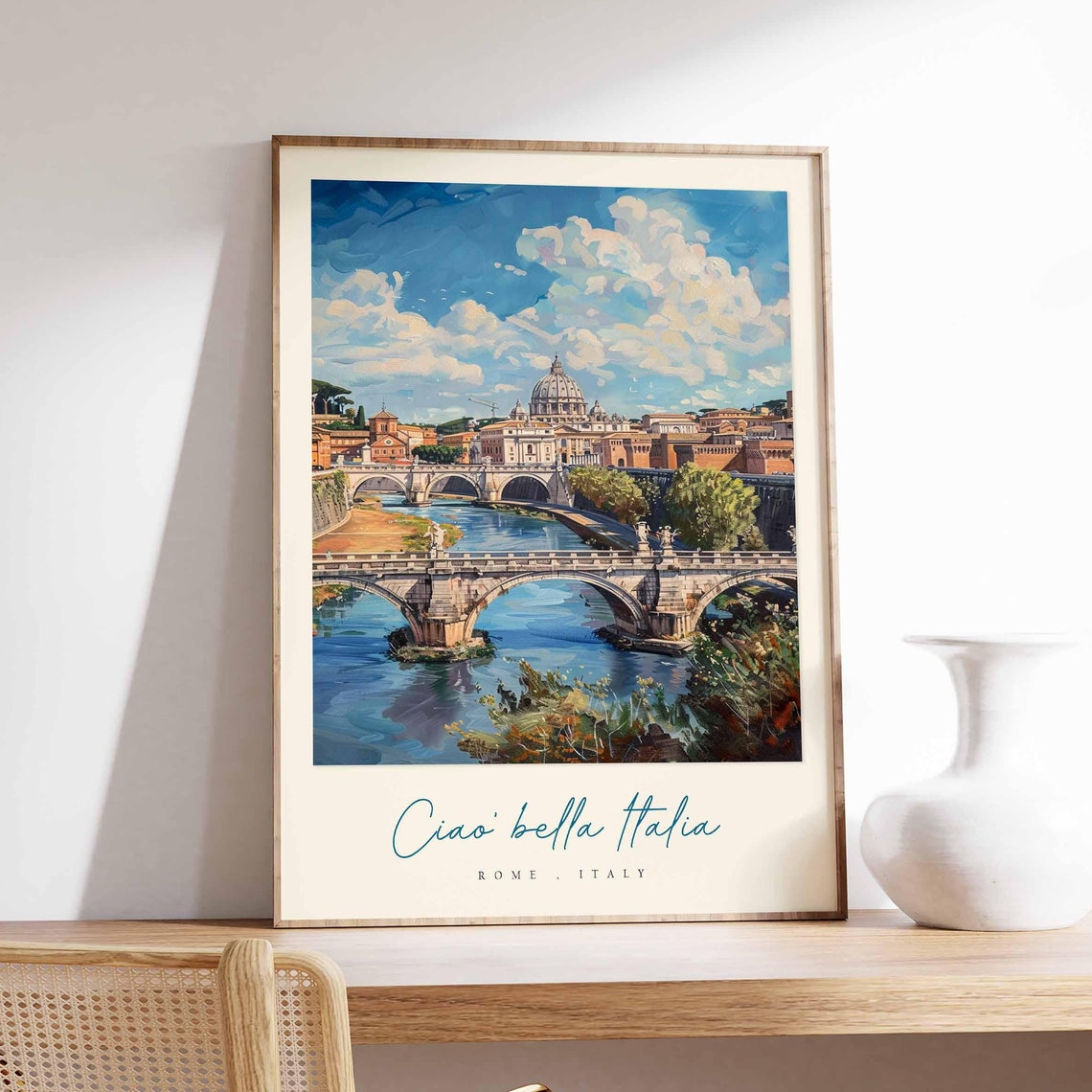 Rome Italy Tiber Bridges St Peters Dome Watercolor Travel Poster