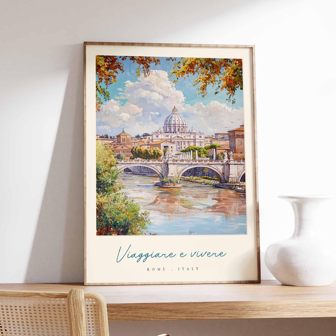 Rome Italy St Peters Dome Bridge Autumn Watercolor Travel Poster