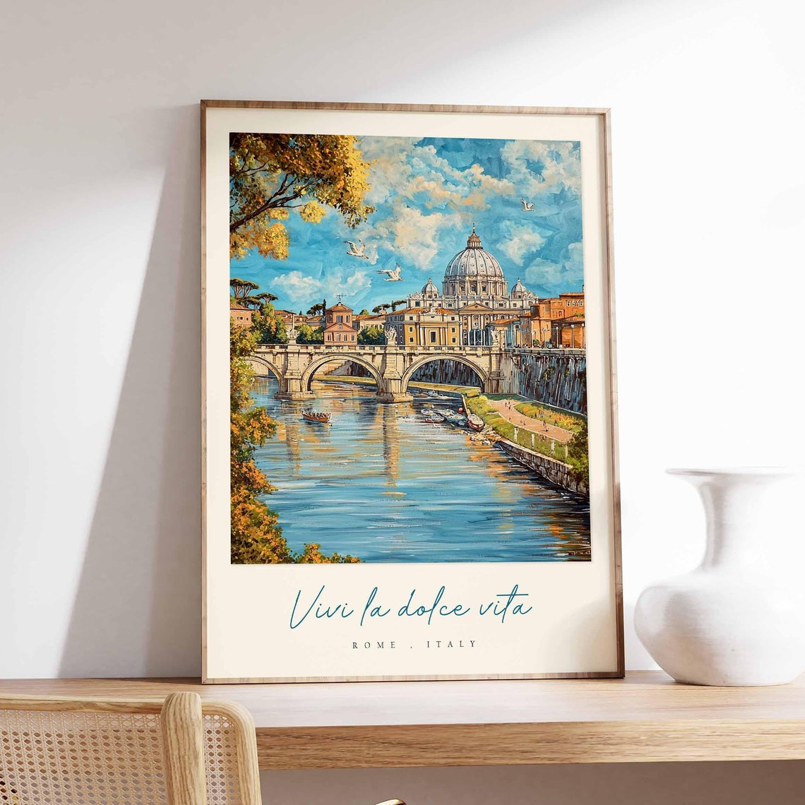 Rome Italy St Peters Dome Stone Bridge Watercolor Travel Poster