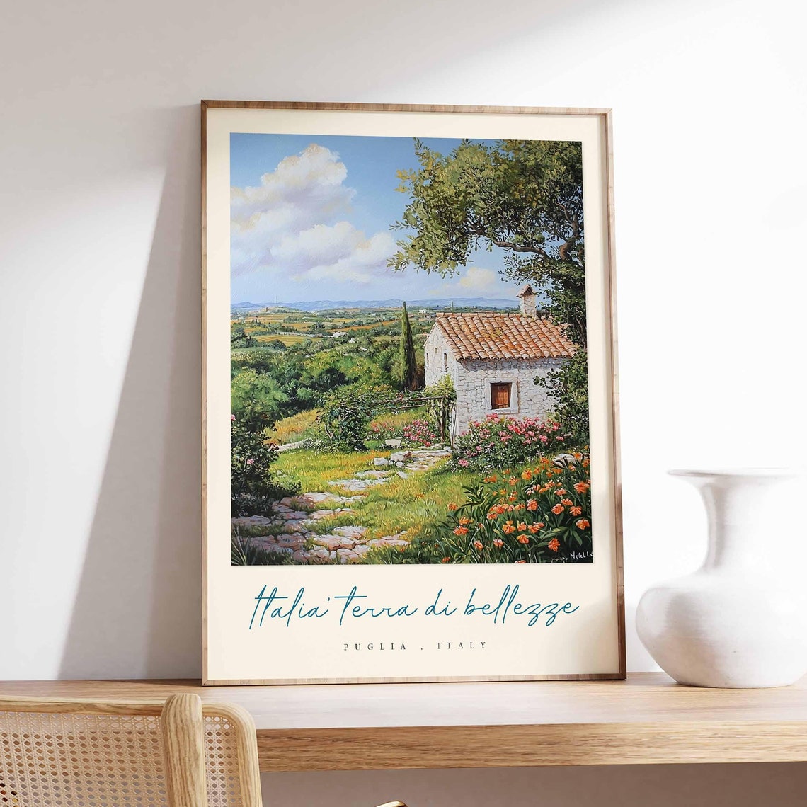 Puglia Italy Stone Farmhouse Green Meadow Poppy Field Art Poster