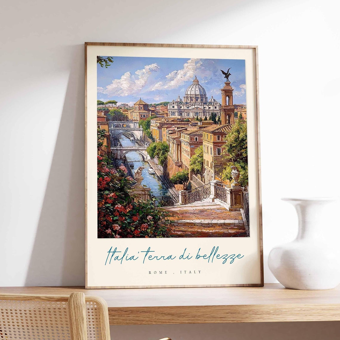Rome Italy Terrace Tiber St Peters Dome Watercolor Travel Poster