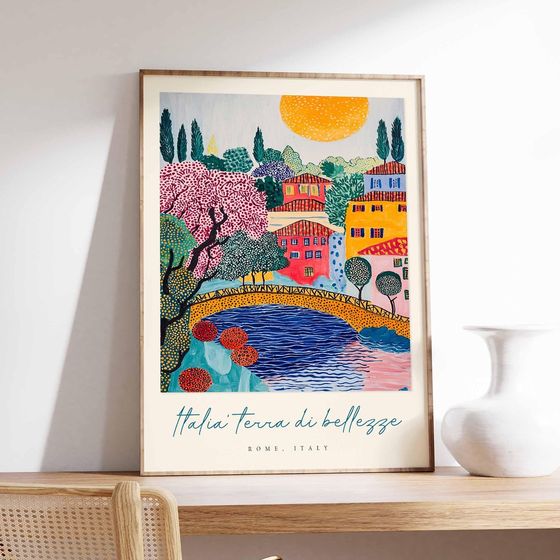 Rome Italy Folk Bridge River Sun Colorful Travel Quote Art Poster