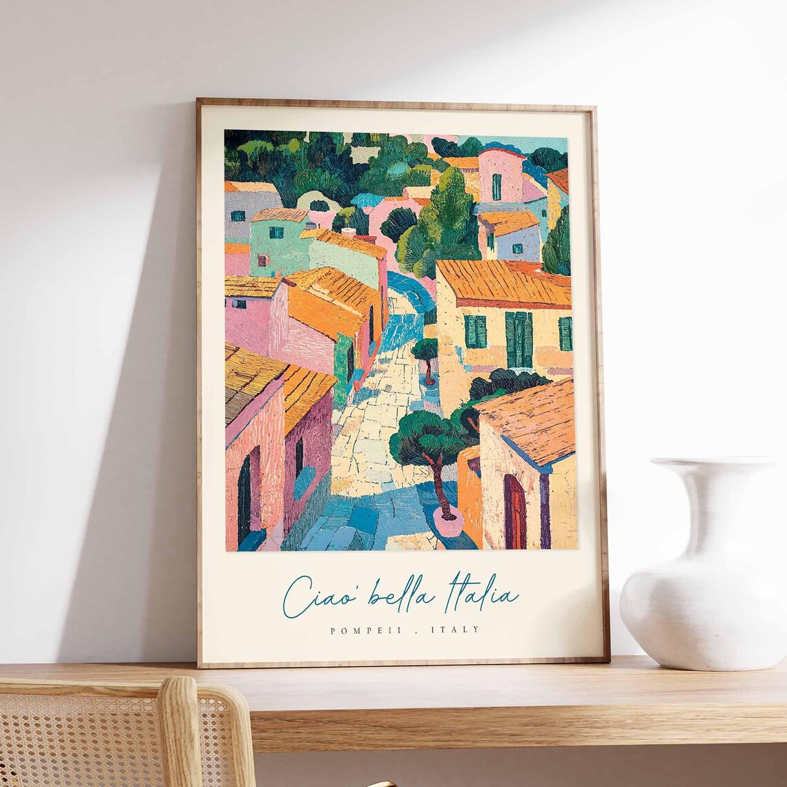 Pompeii Italy Colorful Village Rooftops Aerial Painting Travel Poster