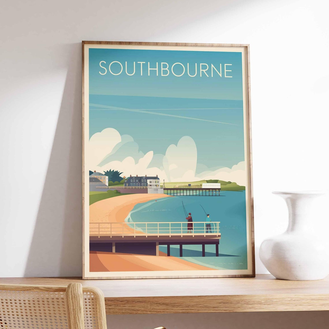 Southbourne Dorset Retro Seaside Pier Fishermen Beach Travel Poster