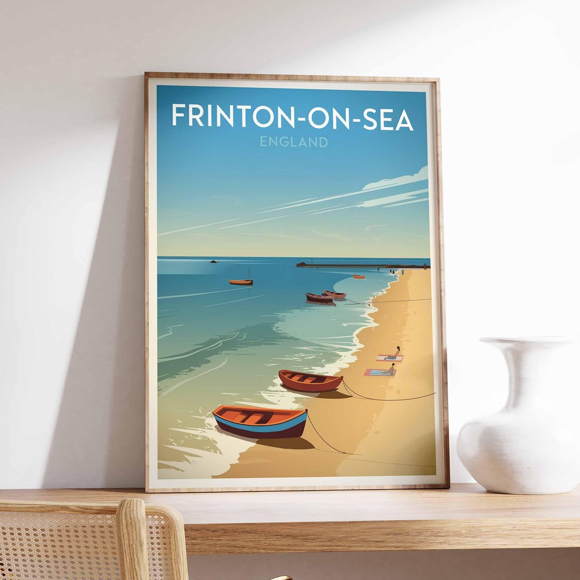 Frinton On Sea England Vintage Beach Boats Swimmers Travel Poster