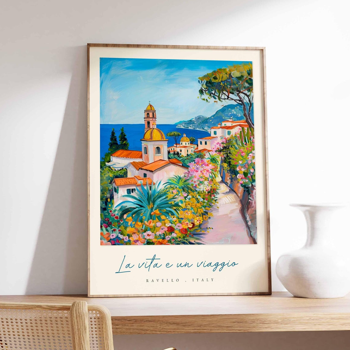 Ravello Italy Golden Dome Church Flower Path Vibrant Color Poster