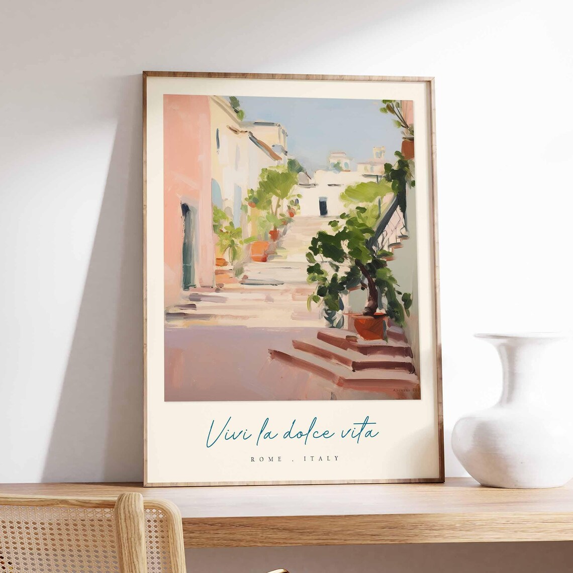 Rome Italy Pastel Alley Potted Plants Watercolor Travel Poster