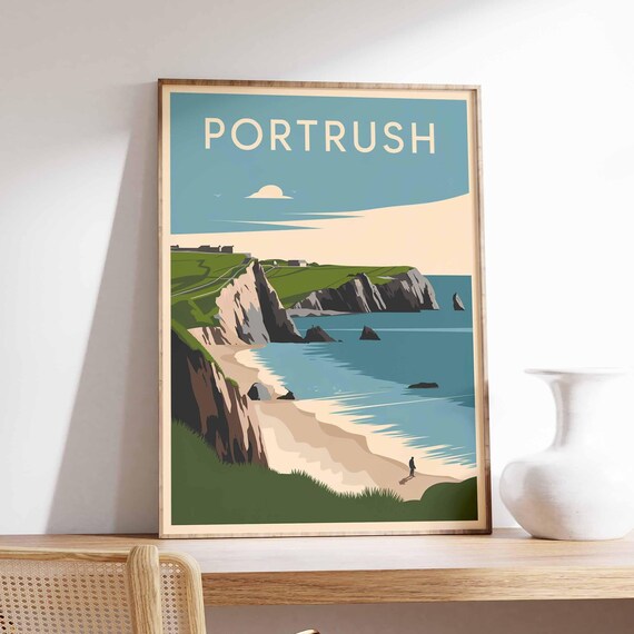 Portrush Northern Ireland Sea Cliffs Retro Coastal Travel Poster