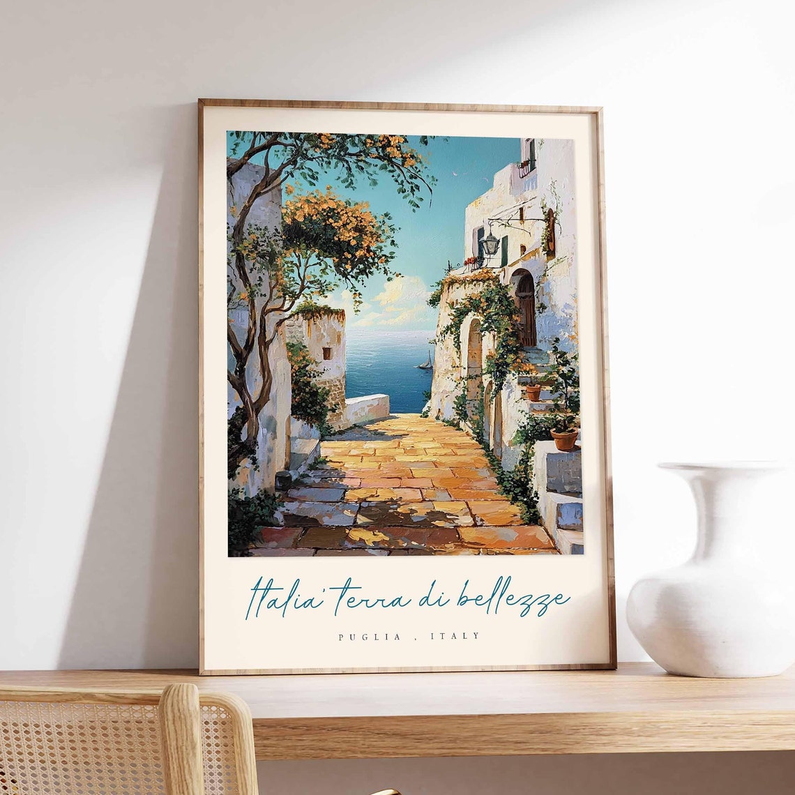 Puglia Italy Whitewashed Alley Stone Steps Sea View Art Poster