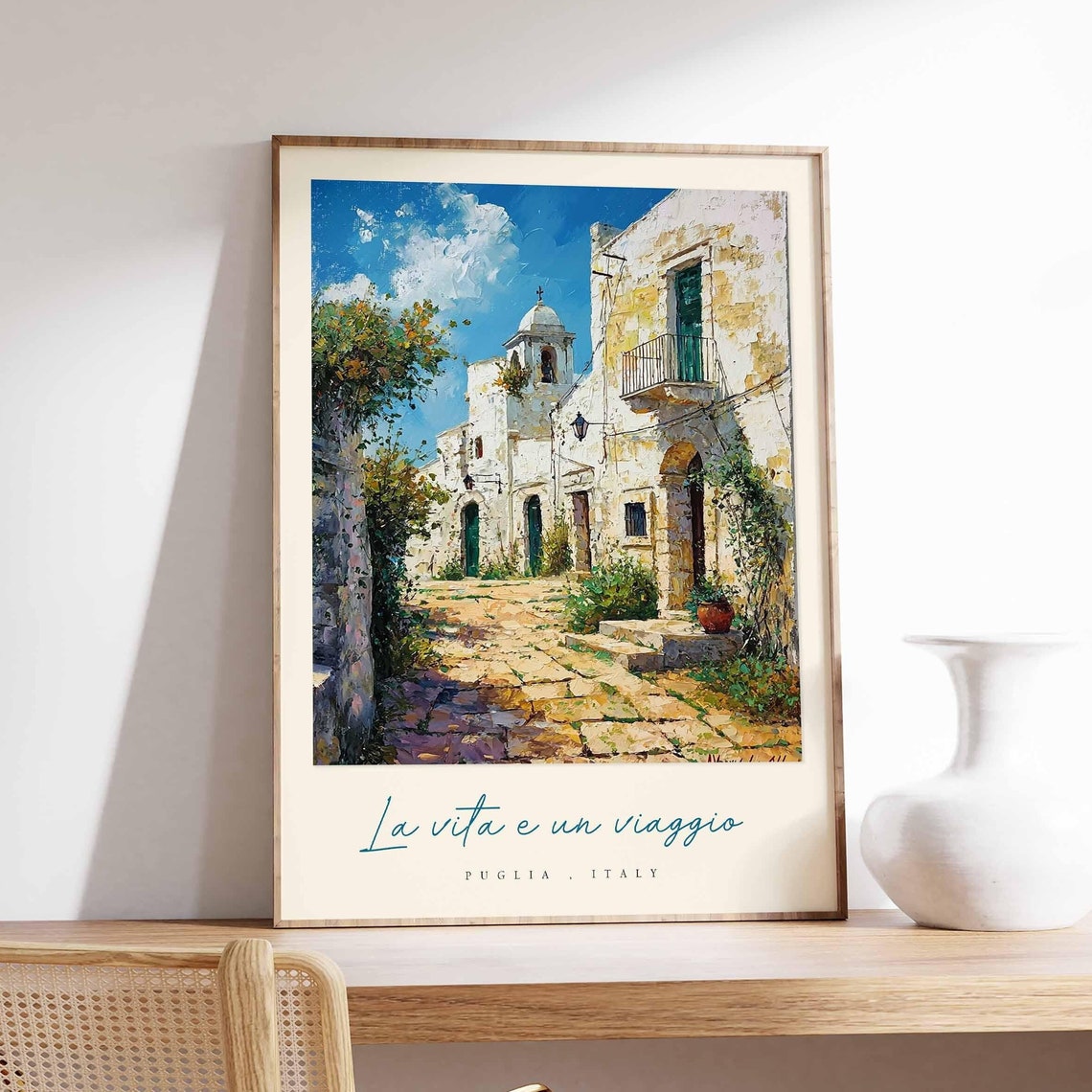 Puglia Italy Old Town Stone Alley Bell Tower Warm Oil Art Poster