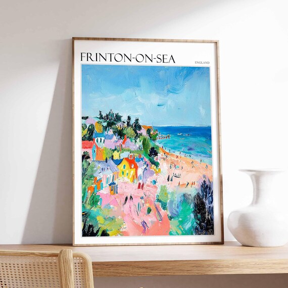 Frinton On Sea Impressionist Beach Huts Crowded Beach Summer Travel Poster
