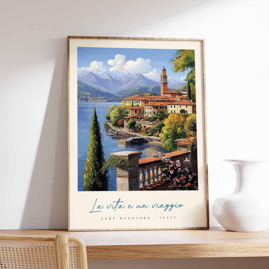 Lake Maggiore Village Bell Tower Cypress Waterfront Watercolor Poster - Image 3