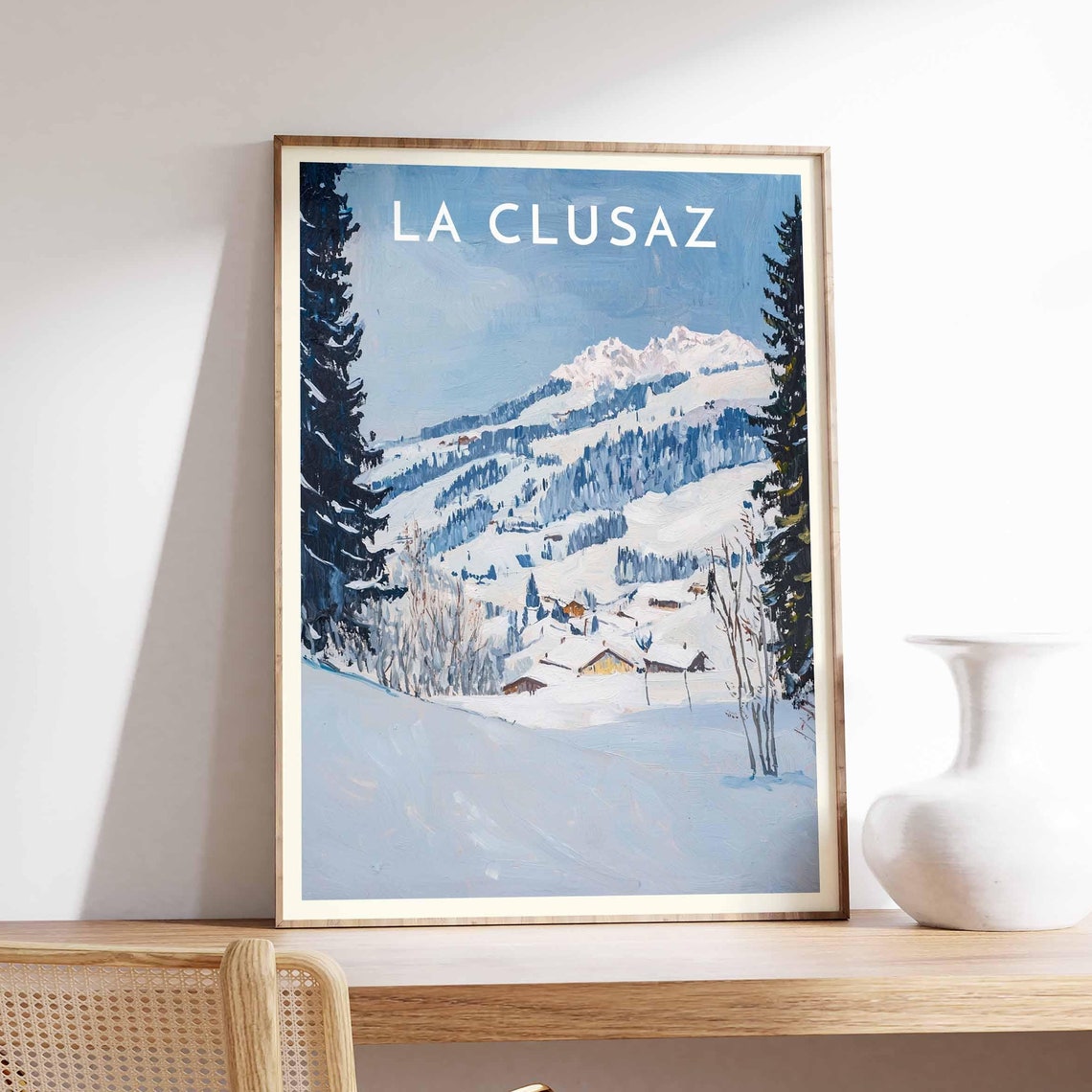 La Clusaz Quiet Slope Poster with Pines over Snowy Village Scene