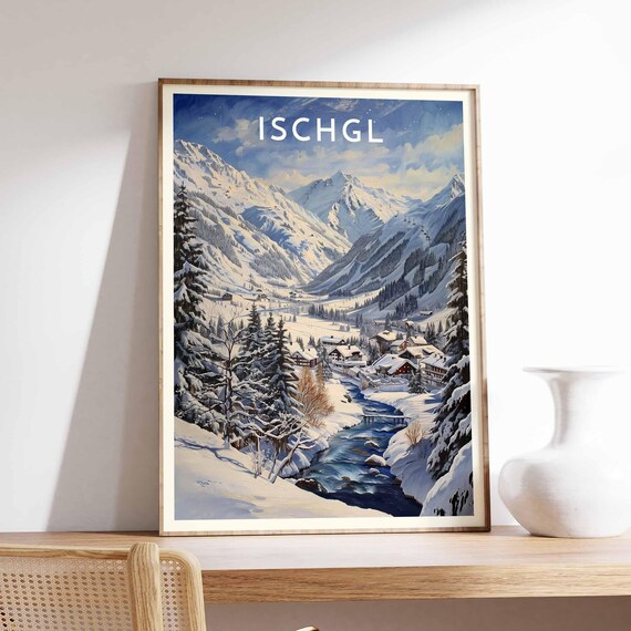 Ischgl Austria Painterly Snowy Mountain River Village Travel Poster