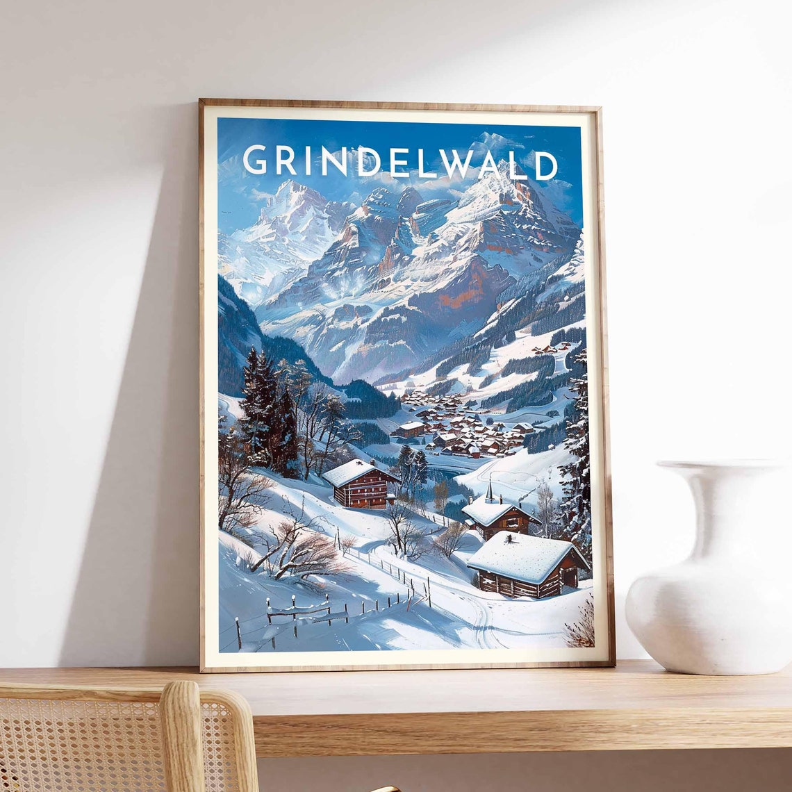 Grindelwald Alpine Winter Snowy Slopes Chalets Rugged Peaks Poster