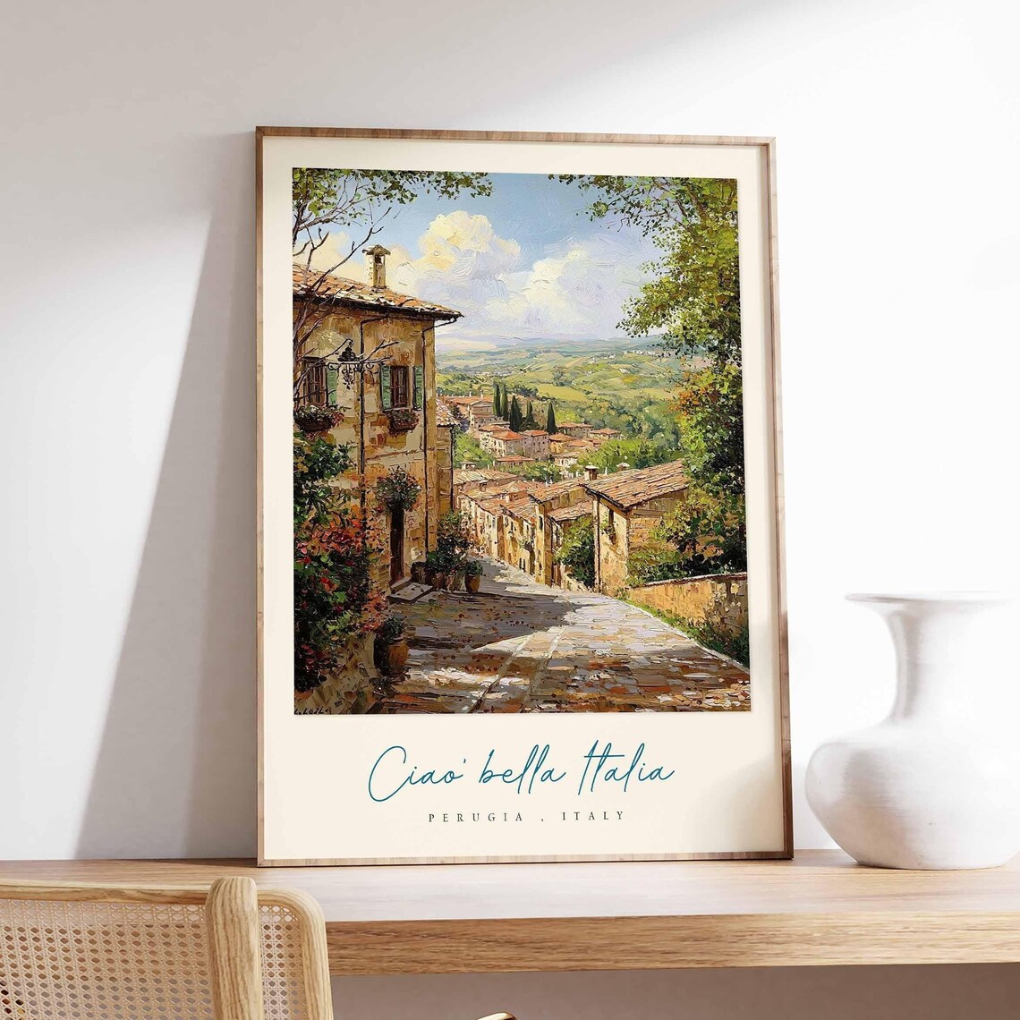 Perugia Italy Charming Stone Street Oil Painting Travel Poster