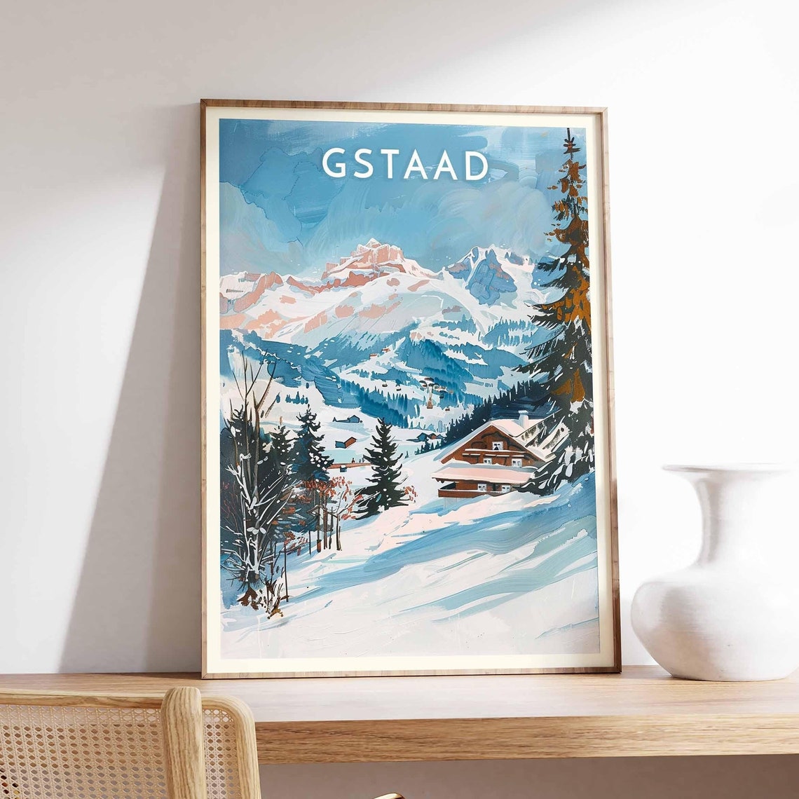 Gstaad Swiss Alpine Chalet Snowy Mountain Peaks Winter Poster