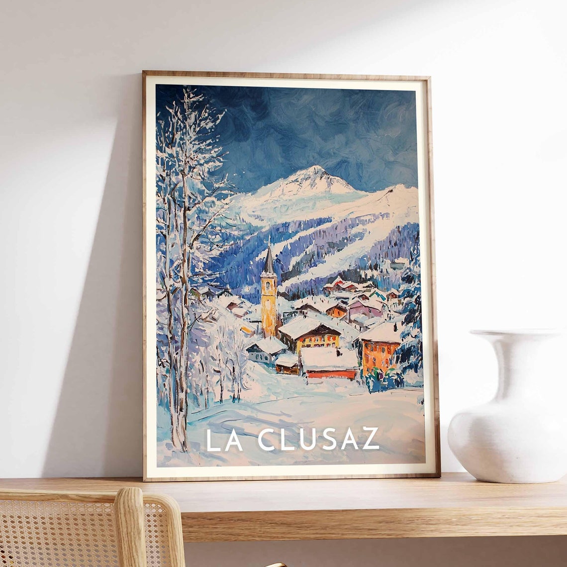 La Clusaz Church Spire Poster with Village under Night Blue Sky - Image 2