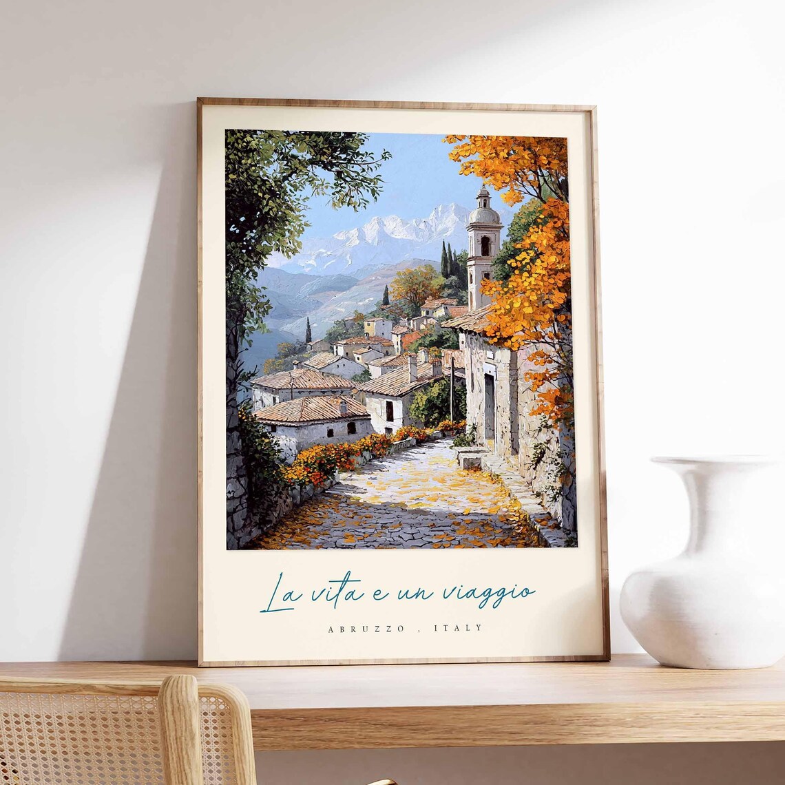 Abruzzo Autumn Cobblestone Street Bell Tower Snow Peaks Poster
