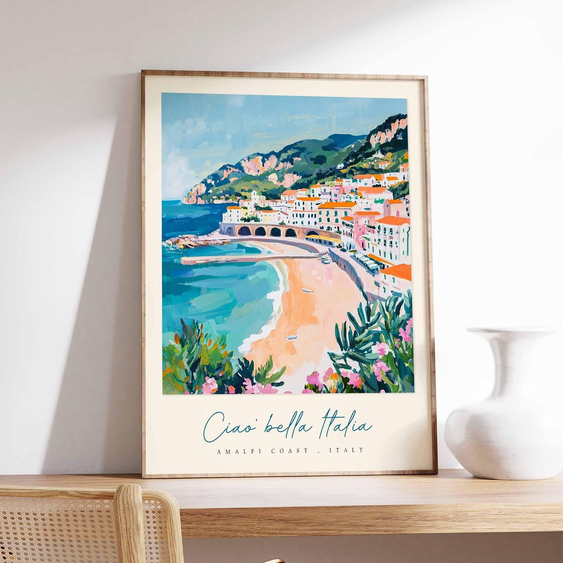 Amalfi Coast Curved Beach Arches Town Floral Travel Art Poster