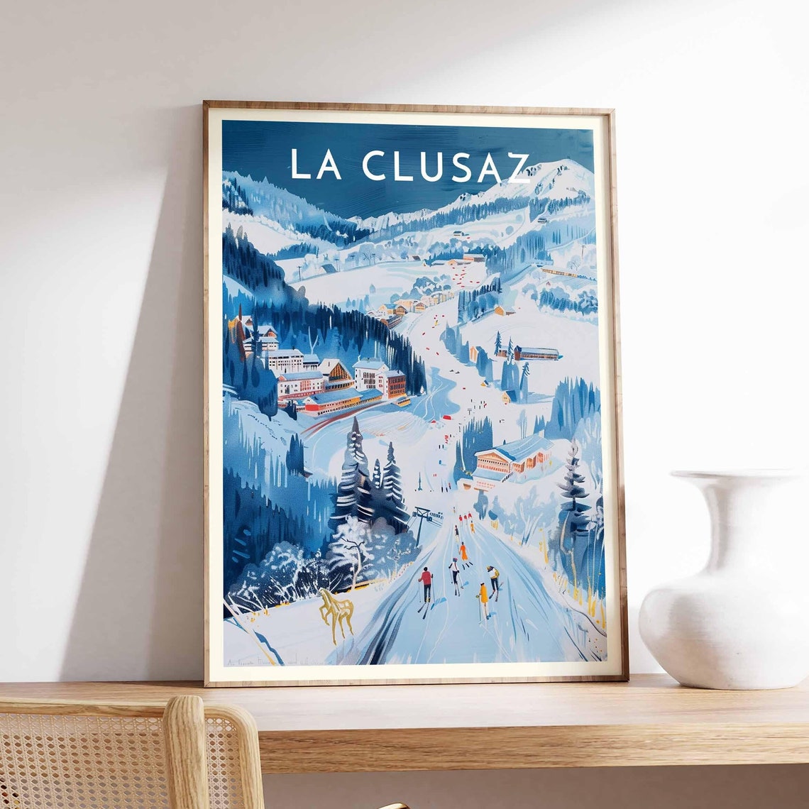 La Clusaz Skiers Descending Poster with Village and Lifts Below