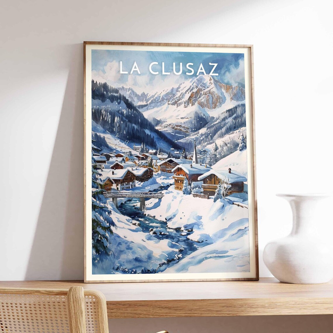 La Clusaz French Alps Church Village Snow River Winter Poster